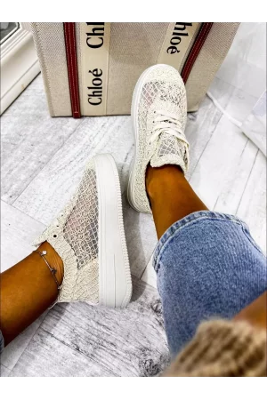 Beige openwork platform sneakers