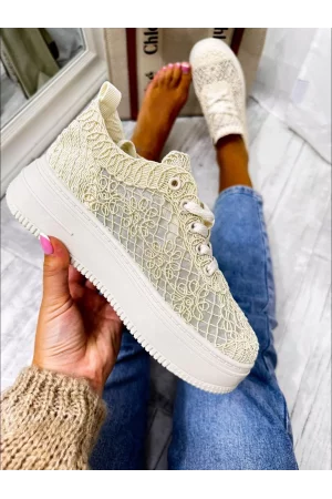 Beige openwork platform sneakers