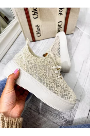 Beige openwork platform sneakers