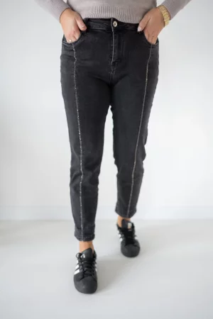 Black denim pants with shiny motif