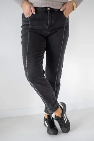 Black denim pants with shiny motif