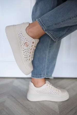 Beige platform openwork sneakers shoes