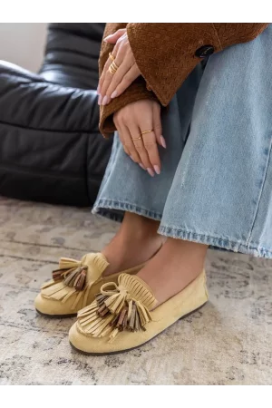 Mokasyny żółte z frędzlami boho